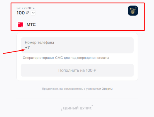 Ввод суммы пополнения при мобильном платеже в зенит