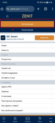 Авторизация в мобильной версии zenit