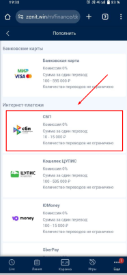 Выбор платежного метода в БК Зенит
