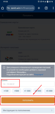 Ввод суммы пополнения в Зенит