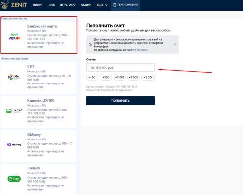 Ввод суммы пополнения с карты в Zenit