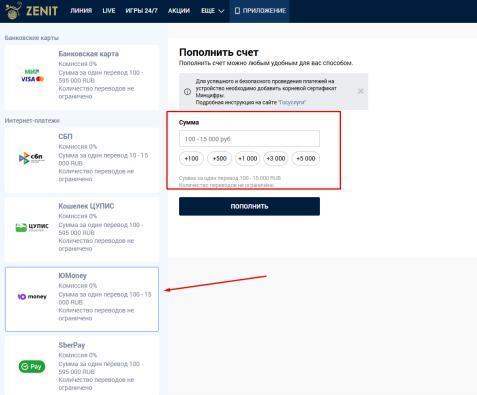 Пополнение с электронного кошелька в зенит