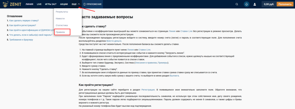 Раздел «Часто задаваемые вопросы» на сайте зенит