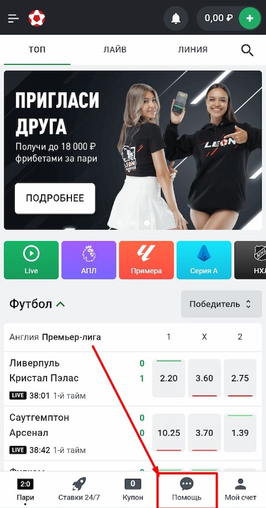 Поддержка в мобильной версии Леон