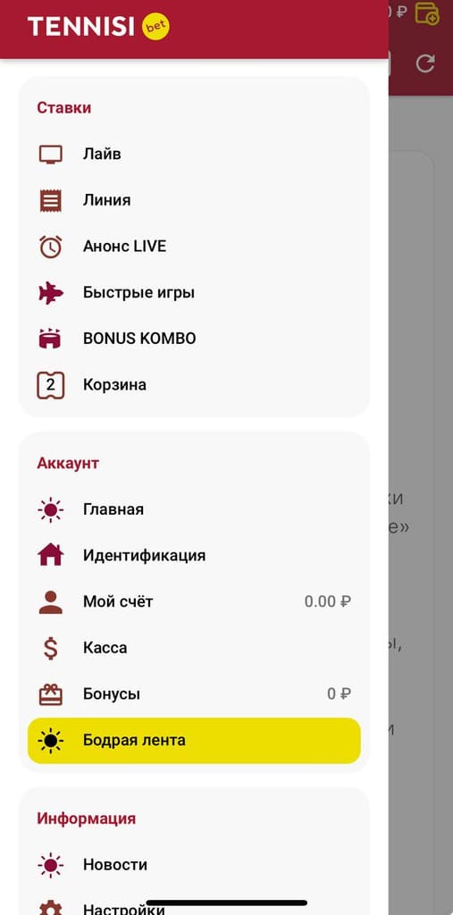 Меню приложения Тенниси