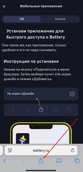 Поделитесь страницей в сафари на Беттери