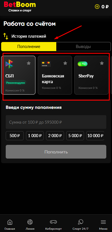 Выберите способ пополнения на BetBoom