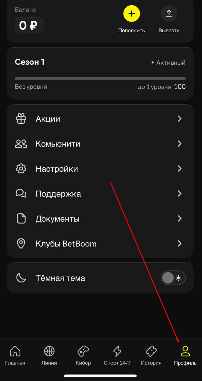 Перейдите в ваш профиль на BetBoom