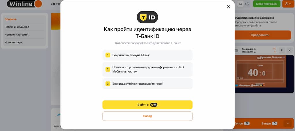 Инструкция как идентифицироваться в винлайн через T Банк ID