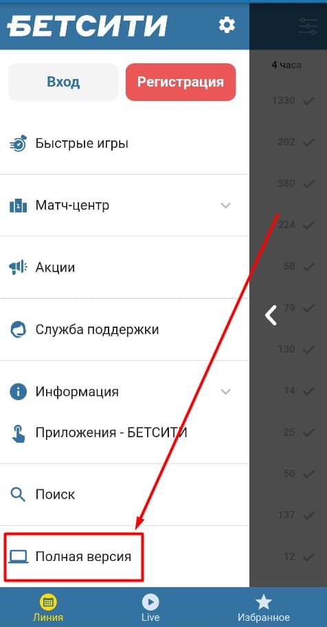 При необходимости пользователь может переключиться с мобильной версии сайта на десктопную. Для этого нужно нажать на значок меню (три горизонтальные линии) и в открывшемся списке выбрать пункт «Полная версия».