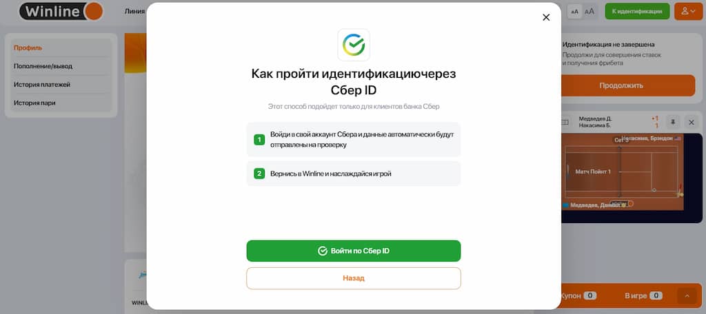 Инструкция прохождения идентификации через Сбер ID для букмекерской конторы Винлайн