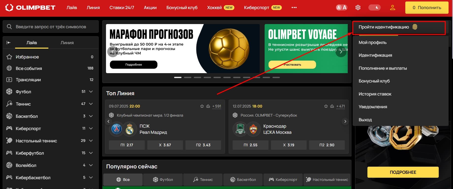 Войдите в личный кабинет «Olimp Bet» и кликните «Пройти идентификацию».