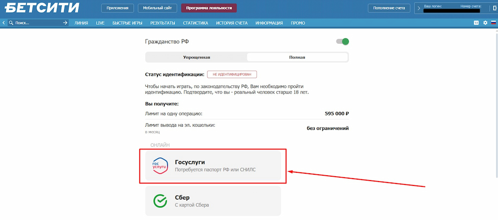 Пройдите полную идентификацию через Госуслуги для Betcity