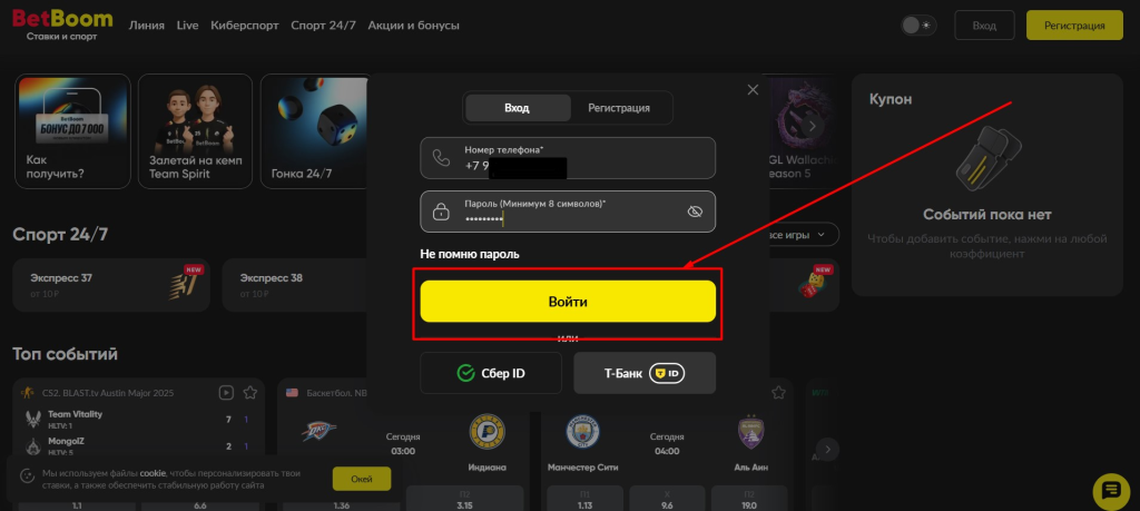 Укажите данные для авторизации на BetBoom