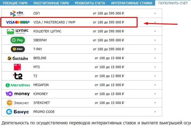 Выберите тип карты (Visa, MasterCard или «Мир»).
