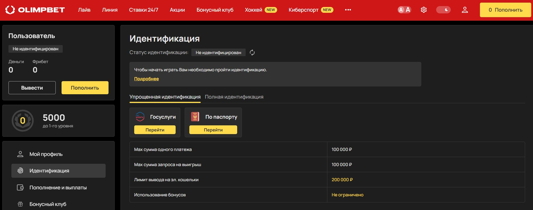 Пройдите идентификацию на БК Олимп