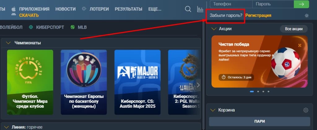 Нажмите «Забыли пароль» в правом верхнем углу сайта.