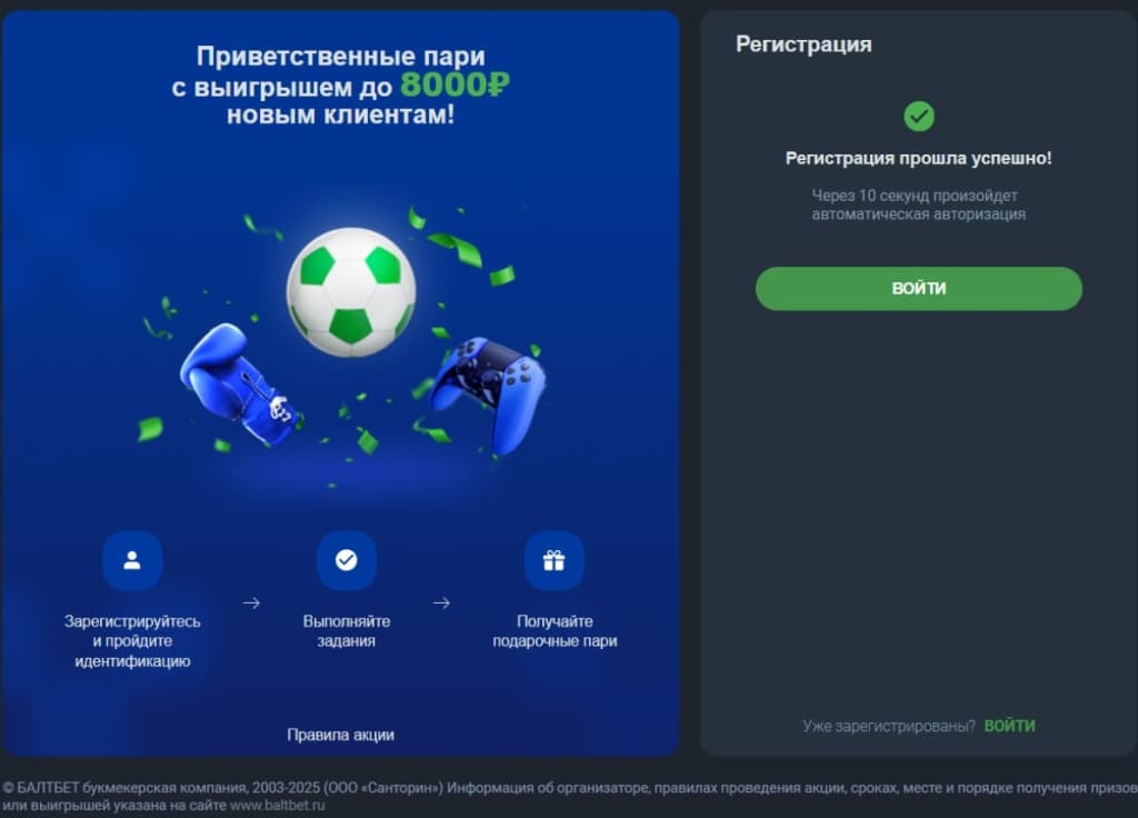 После этого аккаунт будет создан и система предложит войти в личный кабинет.