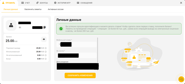 Дождитесь подтверждения идентификации на мелбет