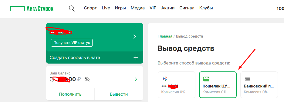 Выберите кошелек ЕЦУПИС для вывода с Лиги Ставок