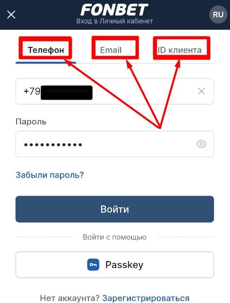 Выберите способ авторизации (телефон, e-mail или ID счета), укажите данные для входа и нажмите «Войти».