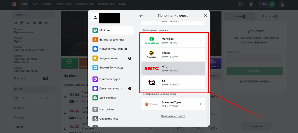 Введите сумму пополнения для мобильных платежей в Leon