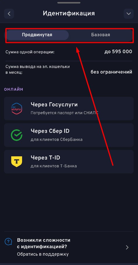 Выберите тип идентификации на БК Беттери