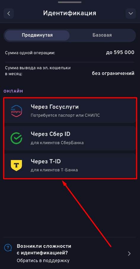 Выберите способ прохождения идентификации на Беттери