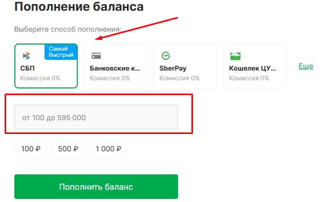 Выберите способ оплаты и укажите сумму.