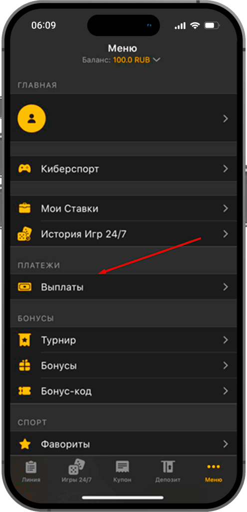Перейдите в выплаты на БК Мелбет