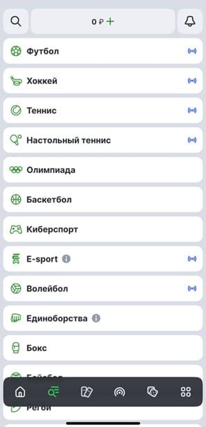 Навигация по видам спорта в Лига Ставок