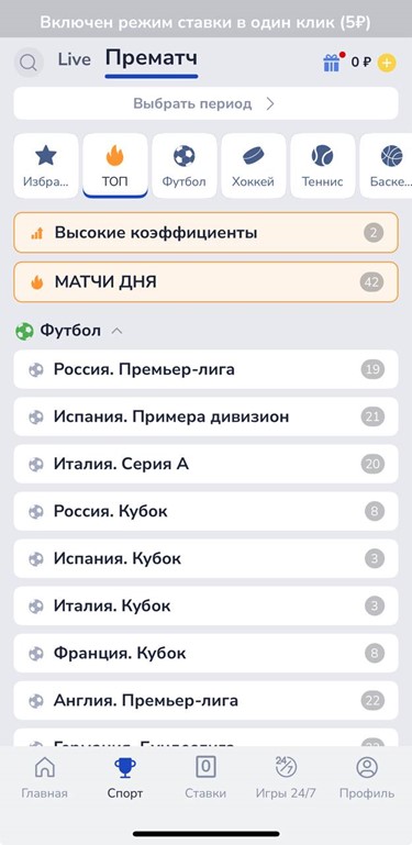 Главное меню приложения Zenit