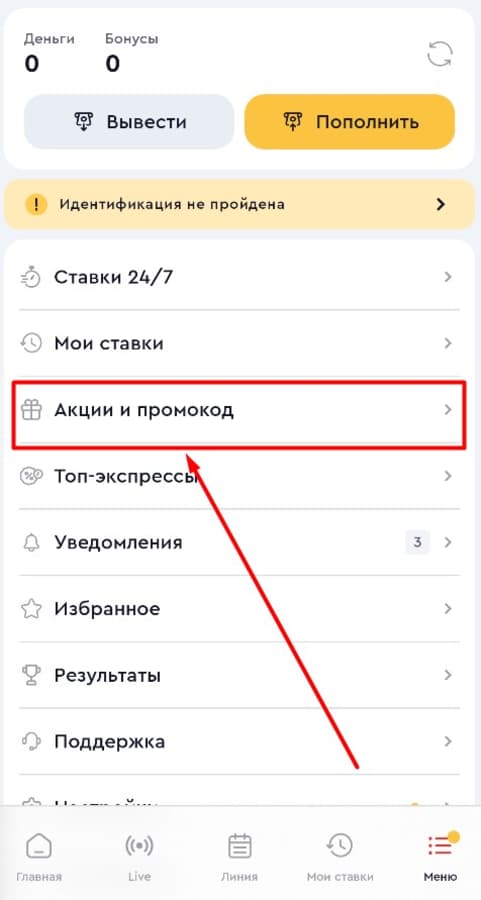 Откройте подраздел «Акции и промокод».