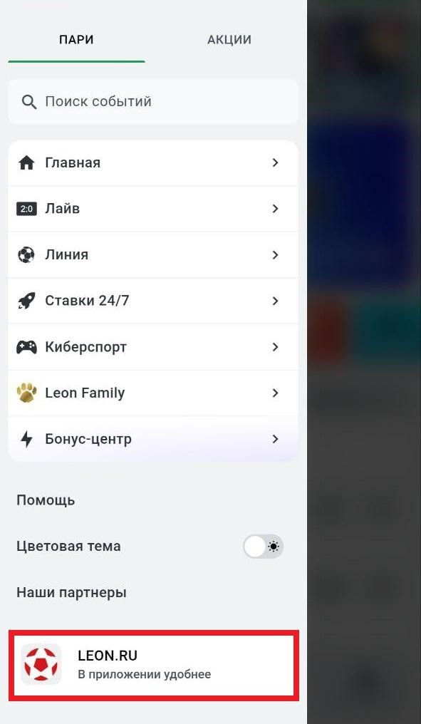 Меню навигации в приложении Leon