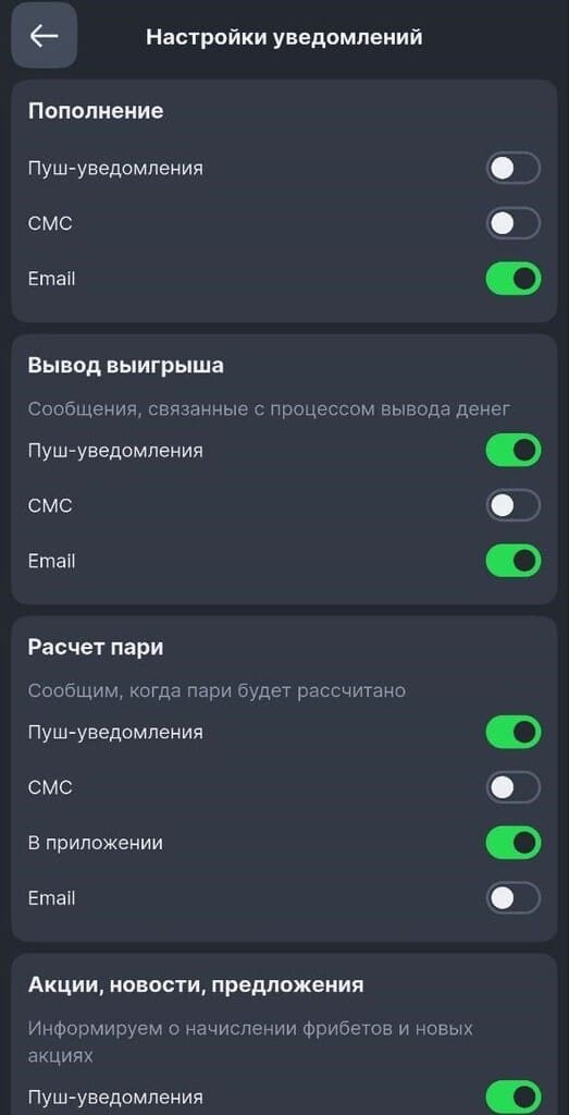 Настройки в приложении Лиги ставок