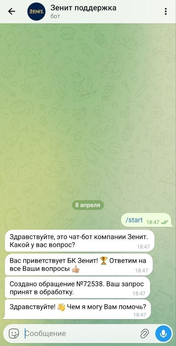 Чат-бот поддержки БК Зенит в Telegram