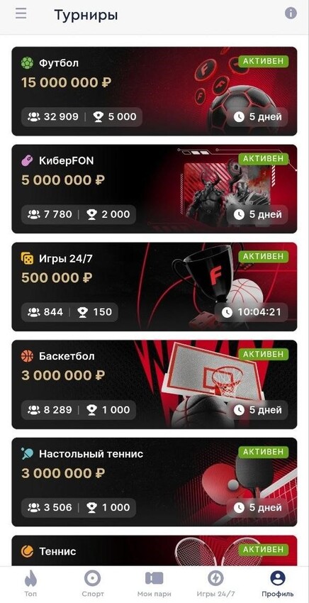 Турниры в букмекерской конторе Фонбет