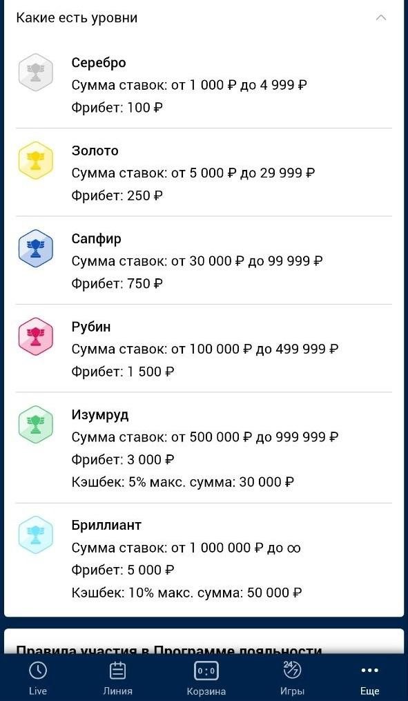 Уровни программы лояльности в букмекерской конторе Зенит