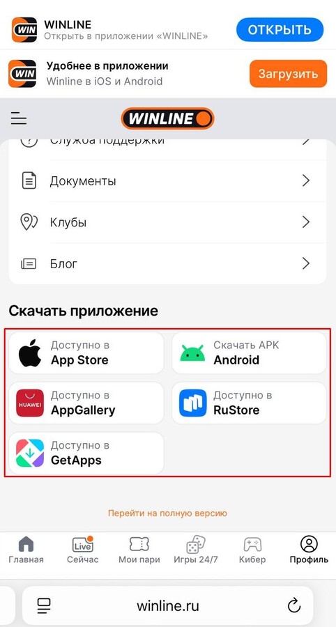 Мобильное приложение БК Winline