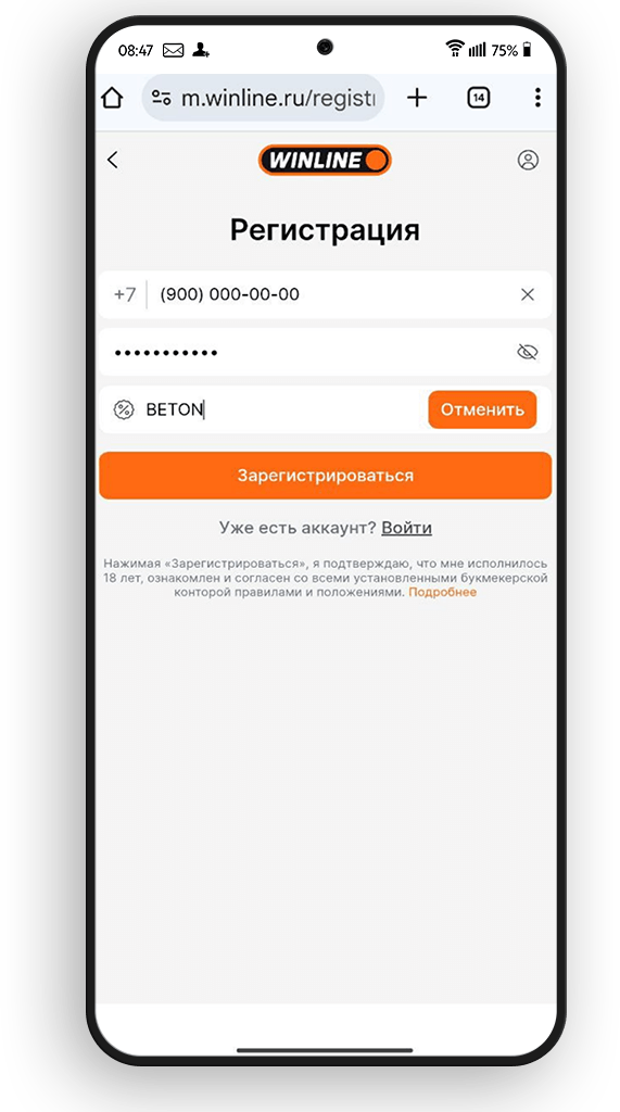 Введите данные для регистрации на Винлайн