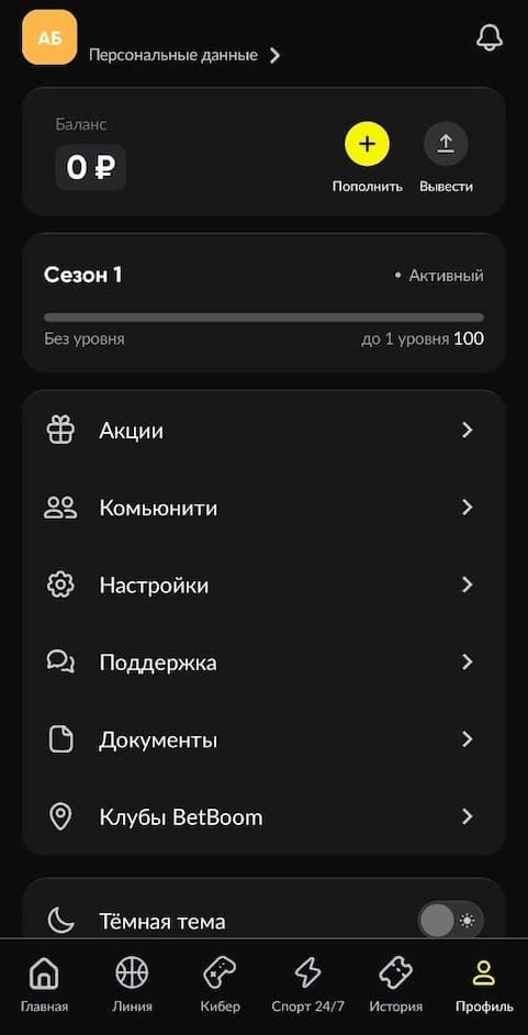 Профиль в приложении БК БетБум