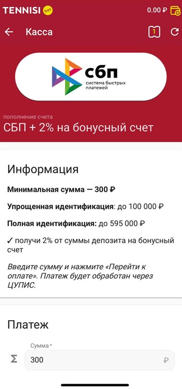 Пополнение через СБП с бонусом 2% в Tennisi