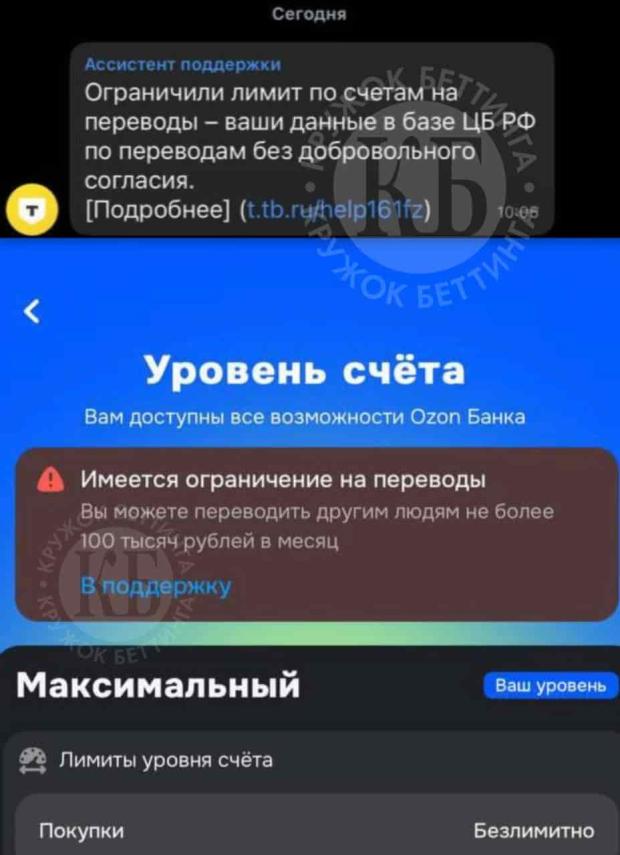 Скрин о запрете на перводы до 100 тысяч рублей в месяц