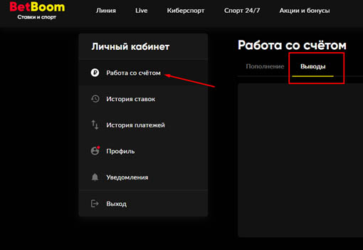 Перейдите в личный кабинет на BetBoom