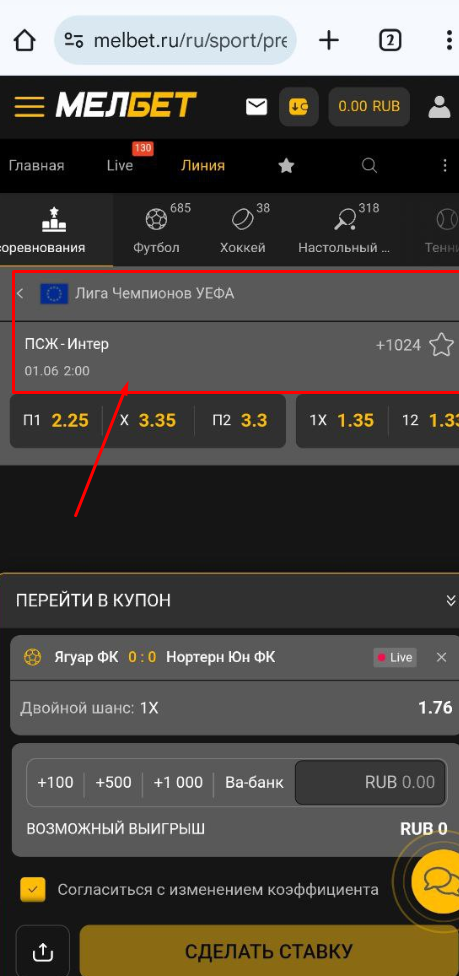 Выберите вид спорта и матч на Мелбет