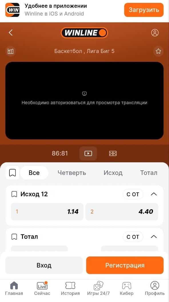 винлайн мобайл интерфейс