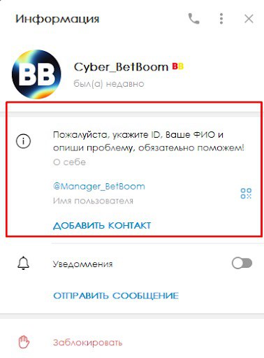 Напишите в бот-поддержки БК БетБум