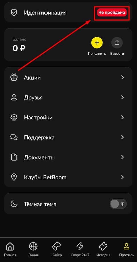 Идентификация в личном кабинете BetBoom