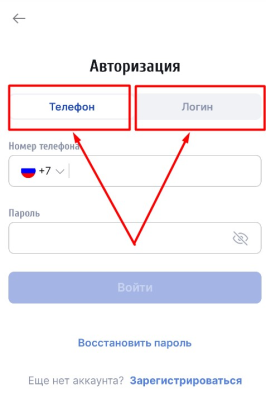 Выбор способа авторизации в мобильном приложении БК Зенит