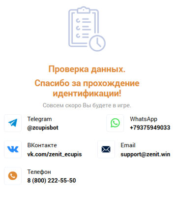 Форма после успешной идентификации в букмекерской конторе Зенит